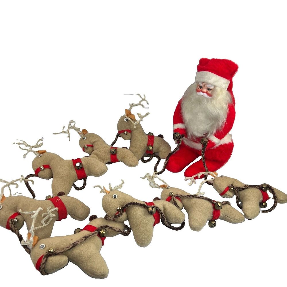 Vtg Beloved Toys Santa & Reindeer Team Plush W Jingle Bell Vinyl Face Xmas Decor